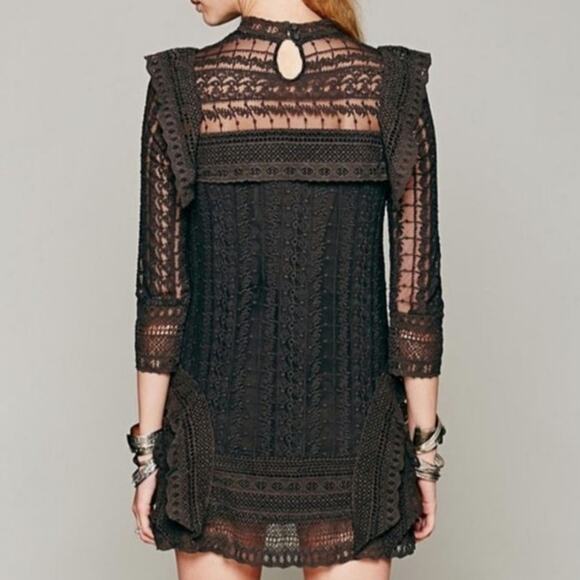Free People Victor Victorian Round Mock Bib Black XS Goth Lace Dress - Picture 2 of 7